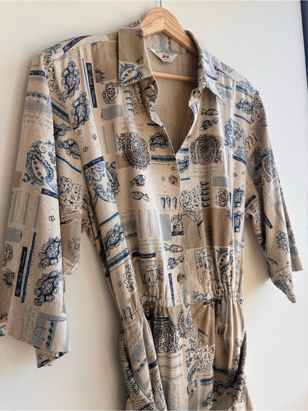 Rare Vintage Linen 70s/80s Printed Button-Front Midi Dress with Tie Waist - Picture 2 of 15